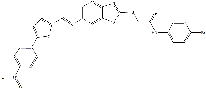 N-(4-bromophenyl)-2-[(6-{[(5-{4-nitrophenyl}-2-furyl)methylene]amino}-1,3-benzothiazol-2-yl)sulfanyl]acetamide 结构式