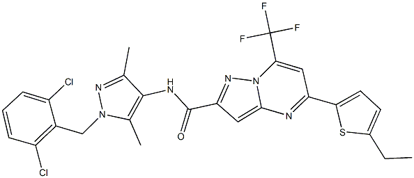 N-[1-(2,6-dichlorobenzyl)-3,5-dimethyl-1H-pyrazol-4-yl]-5-(5-ethyl-2-thienyl)-7-(trifluoromethyl)pyrazolo[1,5-a]pyrimidine-2-carboxamide 化学構造式