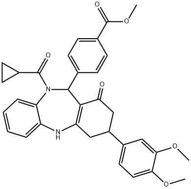 methyl 4-[10-(cyclopropylcarbonyl)-3-(3,4-dimethoxyphenyl)-1-oxo-2,3,4,5,10,11-hexahydro-1H-dibenzo[b,e][1,4]diazepin-11-yl]benzoate 结构式