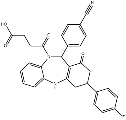 4-[11-(4-cyanophenyl)-3-(4-fluorophenyl)-1-oxo-1,2,3,4,5,11-hexahydro-10H-dibenzo[b,e][1,4]diazepin-10-yl]-4-oxobutanoic acid Struktur