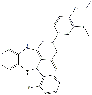 3-(4-ethoxy-3-methoxyphenyl)-11-(2-fluorophenyl)-2,3,4,5,10,11-hexahydro-1H-dibenzo[b,e][1,4]diazepin-1-one Struktur