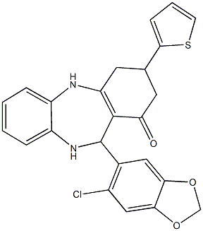 11-(6-chloro-1,3-benzodioxol-5-yl)-3-(2-thienyl)-2,3,4,5,10,11-hexahydro-1H-dibenzo[b,e][1,4]diazepin-1-one 化学構造式