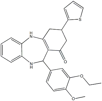 11-(3-ethoxy-4-methoxyphenyl)-3-(2-thienyl)-2,3,4,5,10,11-hexahydro-1H-dibenzo[b,e][1,4]diazepin-1-one Struktur