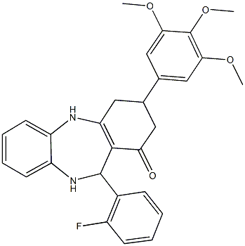 11-(2-fluorophenyl)-3-(3,4,5-trimethoxyphenyl)-2,3,4,5,10,11-hexahydro-1H-dibenzo[b,e][1,4]diazepin-1-one Struktur