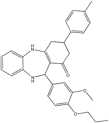 11-(3-methoxy-4-propoxyphenyl)-3-(4-methylphenyl)-2,3,4,5,10,11-hexahydro-1H-dibenzo[b,e][1,4]diazepin-1-one Struktur