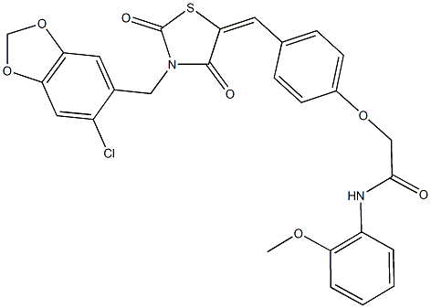 2-[4-({3-[(6-chloro-1,3-benzodioxol-5-yl)methyl]-2,4-dioxo-1,3-thiazolidin-5-ylidene}methyl)phenoxy]-N-(2-methoxyphenyl)acetamide 化学構造式