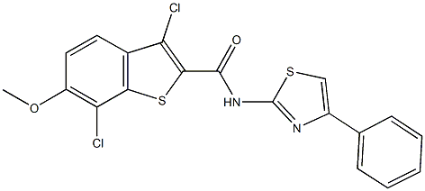 3,7-dichloro-6-methoxy-N-(4-phenyl-1,3-thiazol-2-yl)-1-benzothiophene-2-carboxamide 化学構造式