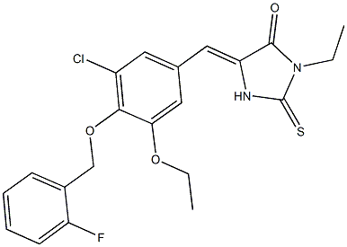 5-{3-chloro-5-ethoxy-4-[(2-fluorobenzyl)oxy]benzylidene}-3-ethyl-2-thioxo-4-imidazolidinone Struktur