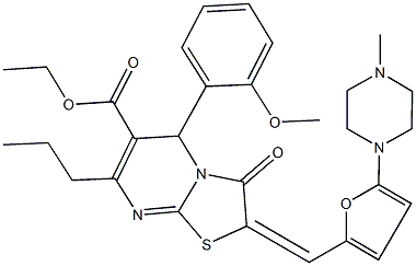 ethyl5-(2-methoxyphenyl)-2-{[5-(4-methyl-1-piperazinyl)-2-furyl]methylene}-3-oxo-7-propyl-2,3-dihydro-5H-[1,3]thiazolo[3,2-a]pyrimidine-6-carboxylate,525574-82-7,结构式