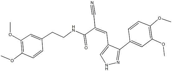2-cyano-N-[2-(3,4-dimethoxyphenyl)ethyl]-3-[3-(3,4-dimethoxyphenyl)-1H-pyrazol-4-yl]acrylamide Struktur