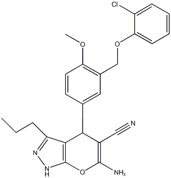 6-amino-4-{3-[(2-chlorophenoxy)methyl]-4-methoxyphenyl}-3-propyl-1,4-dihydropyrano[2,3-c]pyrazole-5-carbonitrile 结构式
