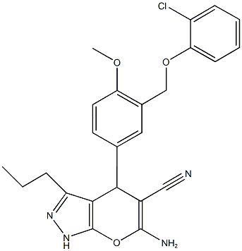 6-amino-4-{3-[(2-chlorophenoxy)methyl]-4-methoxyphenyl}-3-propyl-1,4-dihydropyrano[2,3-c]pyrazole-5-carbonitrile 化学構造式