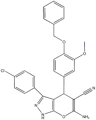 6-amino-4-[4-(benzyloxy)-3-methoxyphenyl]-3-(4-chlorophenyl)-1,4-dihydropyrano[2,3-c]pyrazole-5-carbonitrile,526193-39-5,结构式