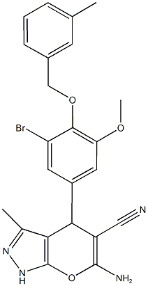 6-amino-4-{3-bromo-5-methoxy-4-[(3-methylbenzyl)oxy]phenyl}-3-methyl-1,4-dihydropyrano[2,3-c]pyrazole-5-carbonitrile,526193-44-2,结构式