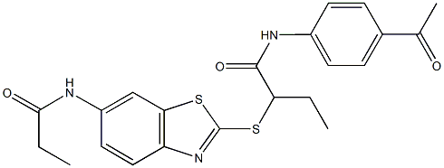 N-(4-acetylphenyl)-2-{[6-(propionylamino)-1,3-benzothiazol-2-yl]sulfanyl}butanamide Structure