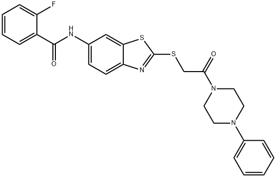 2-fluoro-N-(2-{[2-oxo-2-(4-phenyl-1-piperazinyl)ethyl]sulfanyl}-1,3-benzothiazol-6-yl)benzamide Struktur