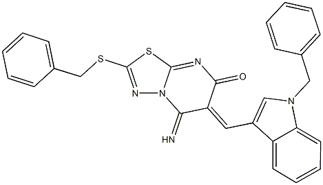 6-[(1-benzyl-1H-indol-3-yl)methylene]-2-(benzylsulfanyl)-5-imino-5,6-dihydro-7H-[1,3,4]thiadiazolo[3,2-a]pyrimidin-7-one Struktur