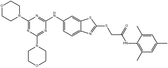 2-[(6-{[4,6-di(4-morpholinyl)-1,3,5-triazin-2-yl]amino}-1,3-benzothiazol-2-yl)sulfanyl]-N-mesitylacetamide,535954-78-0,结构式