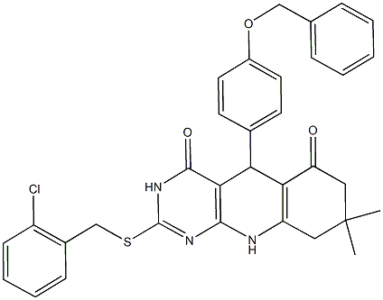 5-[4-(benzyloxy)phenyl]-2-[(2-chlorobenzyl)sulfanyl]-8,8-dimethyl-5,8,9,10-tetrahydropyrimido[4,5-b]quinoline-4,6(3H,7H)-dione Struktur