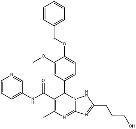 7-[4-(benzyloxy)-3-methoxyphenyl]-2-(3-hydroxypropyl)-5-methyl-N-(3-pyridinyl)-4,7-dihydro[1,2,4]triazolo[1,5-a]pyrimidine-6-carboxamide Struktur