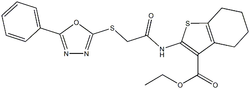 ethyl2-({[(5-phenyl-1,3,4-oxadiazol-2-yl)thio]acetyl}amino)-4,5,6,7-tetrahydro-1-benzothiophene-3-carboxylate 结构式