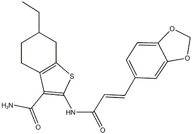 2-{[3-(1,3-benzodioxol-5-yl)acryloyl]amino}-6-ethyl-4,5,6,7-tetrahydro-1-benzothiophene-3-carboxamide 结构式