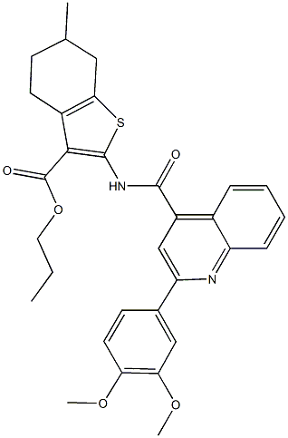 propyl 2-({[2-(3,4-dimethoxyphenyl)-4-quinolinyl]carbonyl}amino)-6-methyl-4,5,6,7-tetrahydro-1-benzothiophene-3-carboxylate 结构式