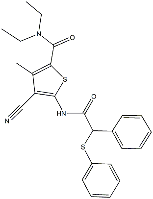 4-cyano-N,N-diethyl-3-methyl-5-{[phenyl(phenylsulfanyl)acetyl]amino}-2-thiophenecarboxamide Struktur