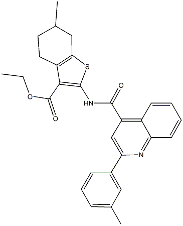 ethyl 6-methyl-2-({[2-(3-methylphenyl)-4-quinolinyl]carbonyl}amino)-4,5,6,7-tetrahydro-1-benzothiophene-3-carboxylate 化学構造式