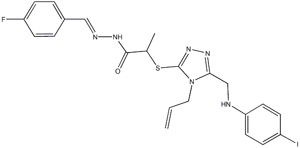 2-({4-allyl-5-[(4-iodoanilino)methyl]-4H-1,2,4-triazol-3-yl}sulfanyl)-N'-(4-fluorobenzylidene)propanohydrazide 化学構造式