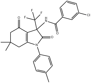 3-chloro-N-[6,6-dimethyl-1-(4-methylphenyl)-2,4-dioxo-3-(trifluoromethyl)-2,3,4,5,6,7-hexahydro-1H-indol-3-yl]benzamide,573974-90-0,结构式