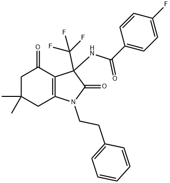 N-[6,6-dimethyl-2,4-dioxo-1-(2-phenylethyl)-3-(trifluoromethyl)-2,3,4,5,6,7-hexahydro-1H-indol-3-yl]-4-fluorobenzamide Struktur