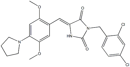3-(2,4-dichlorobenzyl)-5-[2,5-dimethoxy-4-(1-pyrrolidinyl)benzylidene]-2,4-imidazolidinedione 化学構造式