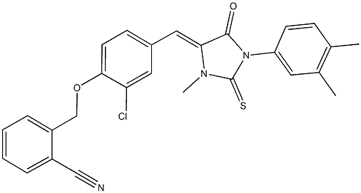 2-[(2-chloro-4-{[1-(3,4-dimethylphenyl)-3-methyl-5-oxo-2-thioxo-4-imidazolidinylidene]methyl}phenoxy)methyl]benzonitrile 化学構造式