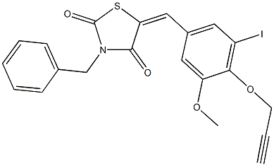 3-benzyl-5-[3-iodo-5-methoxy-4-(2-propynyloxy)benzylidene]-1,3-thiazolidine-2,4-dione Struktur