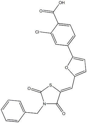 4-{5-[(3-benzyl-2,4-dioxo-1,3-thiazolidin-5-ylidene)methyl]-2-furyl}-2-chlorobenzoic acid 化学構造式