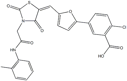 2-chloro-5-[5-({2,4-dioxo-3-[2-oxo-2-(2-toluidino)ethyl]-1,3-thiazolidin-5-ylidene}methyl)-2-furyl]benzoic acid Structure