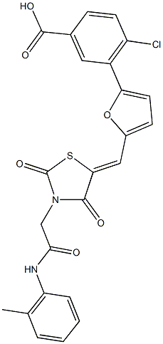 4-chloro-3-[5-({2,4-dioxo-3-[2-oxo-2-(2-toluidino)ethyl]-1,3-thiazolidin-5-ylidene}methyl)-2-furyl]benzoic acid,591760-32-6,结构式