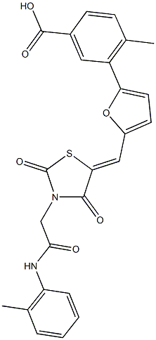 3-[5-({2,4-dioxo-3-[2-oxo-2-(2-toluidino)ethyl]-1,3-thiazolidin-5-ylidene}methyl)-2-furyl]-4-methylbenzoic acid Structure