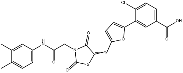 4-chloro-3-[5-({3-[2-(3,4-dimethylanilino)-2-oxoethyl]-2,4-dioxo-1,3-thiazolidin-5-ylidene}methyl)-2-furyl]benzoic acid 结构式