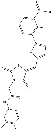 3-[5-({3-[2-(3,4-dimethylanilino)-2-oxoethyl]-2,4-dioxo-1,3-thiazolidin-5-ylidene}methyl)-2-furyl]-2-methylbenzoic acid Struktur