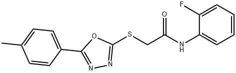 N-(2-fluorophenyl)-2-{[5-(4-methylphenyl)-1,3,4-oxadiazol-2-yl]sulfanyl}acetamide 化学構造式