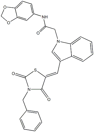 N-(1,3-benzodioxol-5-yl)-2-{3-[(3-benzyl-2,4-dioxo-1,3-thiazolidin-5-ylidene)methyl]-1H-indol-1-yl}acetamide Structure