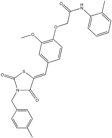 2-(2-methoxy-4-{[3-(4-methylbenzyl)-2,4-dioxo-1,3-thiazolidin-5-ylidene]methyl}phenoxy)-N-(2-methylphenyl)acetamide 化学構造式