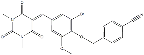 4-({2-bromo-4-[(1,3-dimethyl-2,4,6-trioxotetrahydro-5(2H)-pyrimidinylidene)methyl]-6-methoxyphenoxy}methyl)benzonitrile Struktur