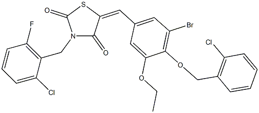 5-{3-bromo-4-[(2-chlorobenzyl)oxy]-5-ethoxybenzylidene}-3-(2-chloro-6-fluorobenzyl)-1,3-thiazolidine-2,4-dione,592476-19-2,结构式
