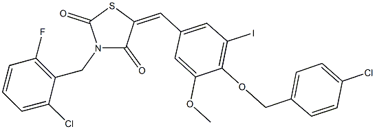 5-{4-[(4-chlorobenzyl)oxy]-3-iodo-5-methoxybenzylidene}-3-(2-chloro-6-fluorobenzyl)-1,3-thiazolidine-2,4-dione 化学構造式