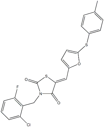 3-(2-chloro-6-fluorobenzyl)-5-({5-[(4-methylphenyl)sulfanyl]-2-furyl}methylene)-1,3-thiazolidine-2,4-dione,592476-28-3,结构式