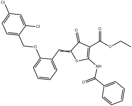 ethyl 2-(benzoylamino)-5-{2-[(2,4-dichlorobenzyl)oxy]benzylidene}-4-oxo-4,5-dihydro-3-thiophenecarboxylate Struktur