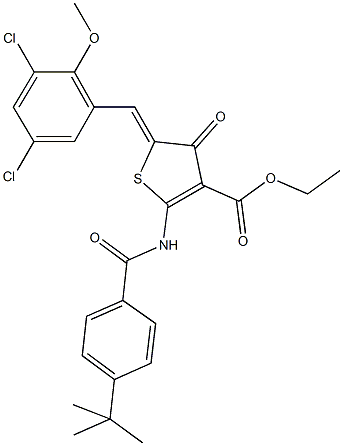 ethyl 2-[(4-tert-butylbenzoyl)amino]-5-(3,5-dichloro-2-methoxybenzylidene)-4-oxo-4,5-dihydro-3-thiophenecarboxylate Structure